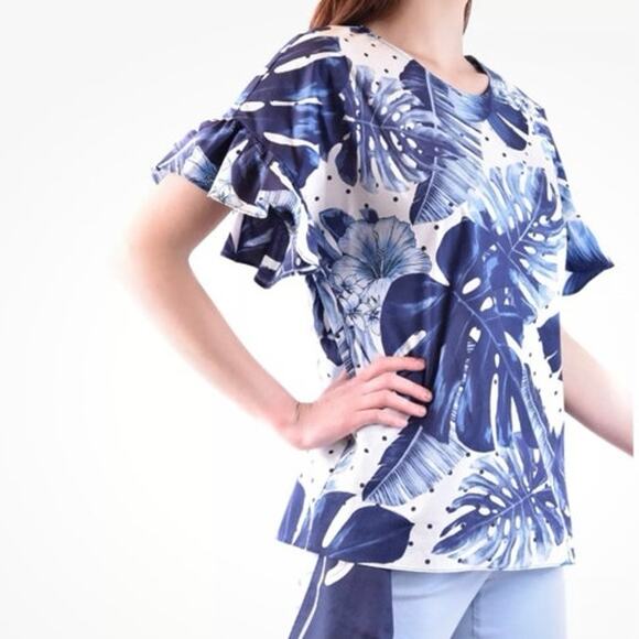 NWT Twinset Milano St. Tropi tropical floral polka dot flutter sleeve top sz 46 - Picture 2 of 12